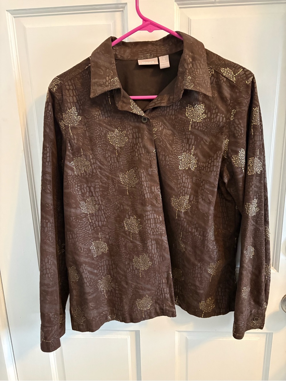Vintage fall chicos brown blouse w/ gold leaves print Halloween women size M